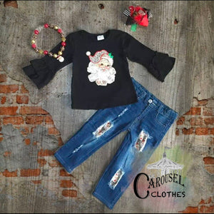 Santa Bell Sleeve Shirt and Distressed Jeans Set