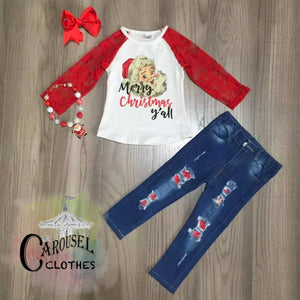 Merry Christmas Y’all Lace Sleeve Shirt & Distressed Jeans Set